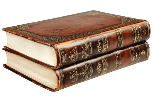 A pair of vintage, leather-bound books with ornate detailing and gilded edges, showcasing classic craftsmanship and timeless elegance. png