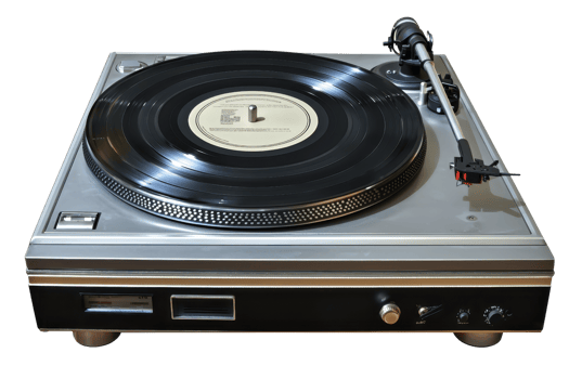 A vintage turntable with a black vinyl record, showcasing the stylus and control features for playing music. png