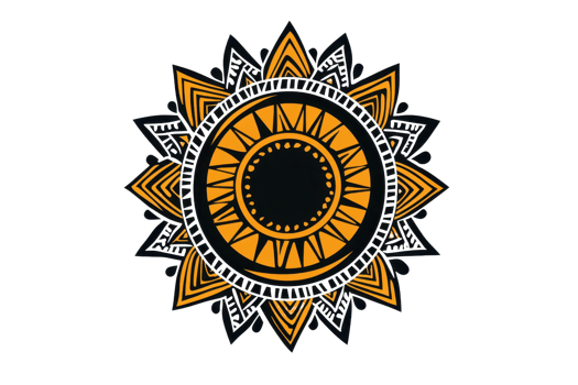 A circular design featuring intricate patterns and shapes in vibrant orange and black, resembling a sun or mandala motif. png