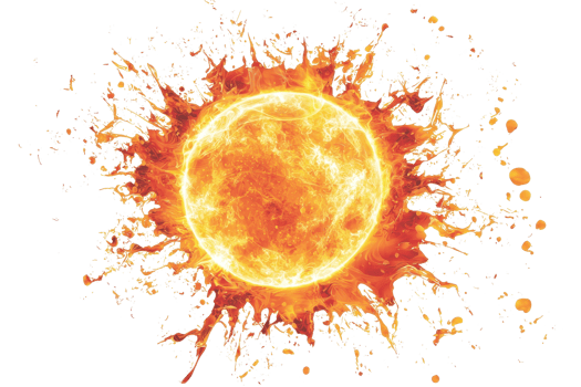 A fiery sun with vibrant orange and yellow splashes, radiating energy and warmth, capturing the essence of a celestial body. png