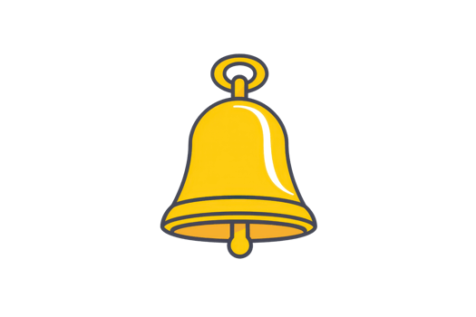 A bright yellow bell featuring a rounded shape and a small clapper at the bottom, designed with simple lines and a classic appeal. png