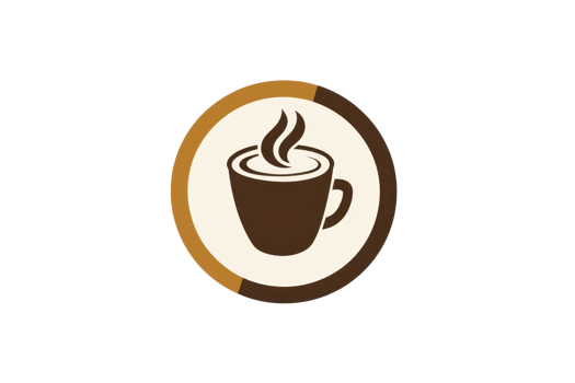 A stylized coffee cup illustration with steam rising, set within a circular design featuring warm colors. png
