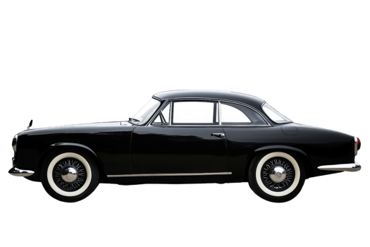 A classic black car with a streamlined design and whitewall tires, showcasing vintage elegance and style. png