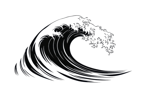 A stylized wave with intricate details, showcasing rolling curves and a crest adorned with foliage. png
