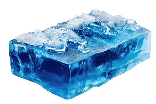 A shimmering blue ice block with crystalline formations on top, showcasing vibrant hues and intricate textures. png