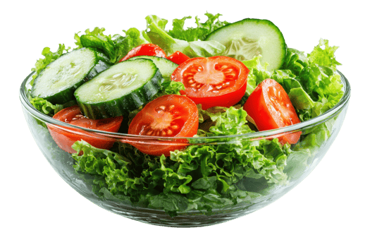 A fresh salad in a glass bowl featuring crisp lettuce, sliced cucumbers, and ripe tomatoes. png