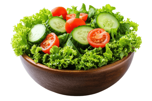 A vibrant salad with fresh lettuce, cucumber slices, and cherry tomatoes in a wooden bowl. png