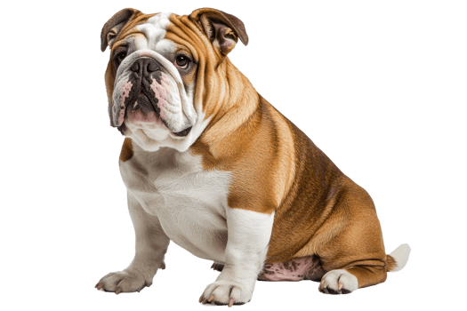 A Bulldog sitting proudly, showcasing its muscular build, distinctive wrinkled face, and unique coat pattern. png