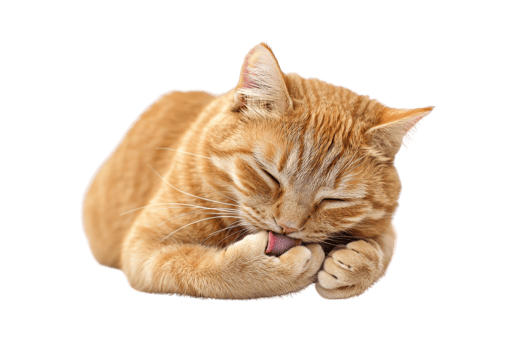 A relaxed orange cat grooming itself with its paw. png