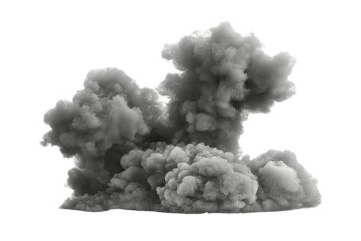 A dense, billowing cloud of dark smoke, showcasing a chaotic, swirling form with varying layers and textures. png
