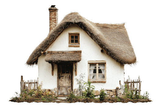 A charming cottage with a thatched roof, wooden door, and window framed by a small garden, exuding rustic appeal. png