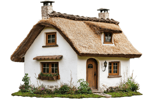 A charming cottage with a thatched roof, wooden windows, and a welcoming front door, surrounded by lush greenery. png