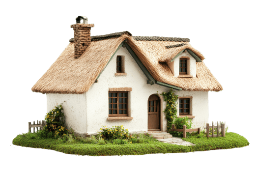 A charming cottage featuring a thatched roof, front door, windows, and surrounding greenery, embodying a cozy, rustic aesthetic. png