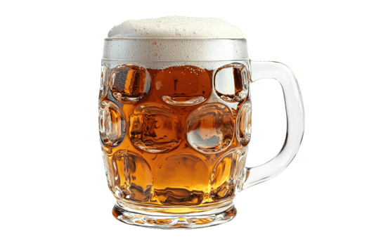 A frothy mug of golden beer with a textured glass design, showcasing its bubbly surface and rich color. png
