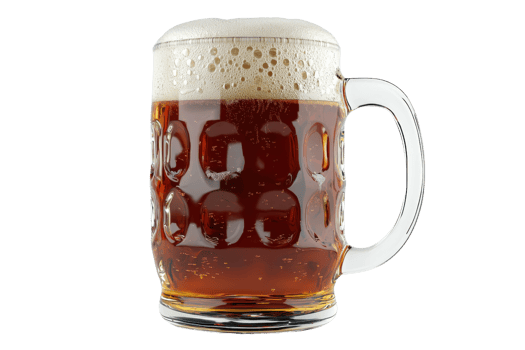 A frothy, dark amber beer served in a glass mug, showcasing bubbles and a rich texture. png