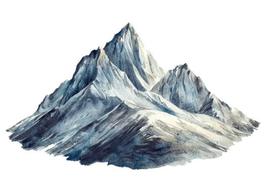 A majestic mountain peak with jagged edges and snow-covered slopes, showcasing rugged terrain and a dramatic silhouette. png