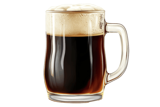 A frothy mug of dark beer, showcasing rich colors and a creamy head, inviting a refreshing experience. png