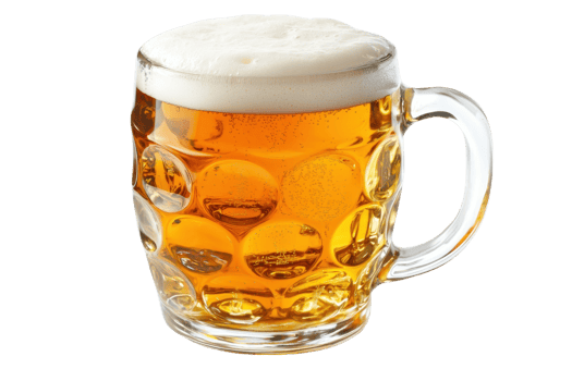 A frothy beer in a glass mug, showcasing a golden hue and bubbles. png