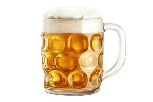 A frosty mug filled with golden beer topped with a creamy white foam. png