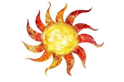 A vibrant sun symbol with swirling rays in shades of yellow, red, and orange, radiating warmth and energy. png