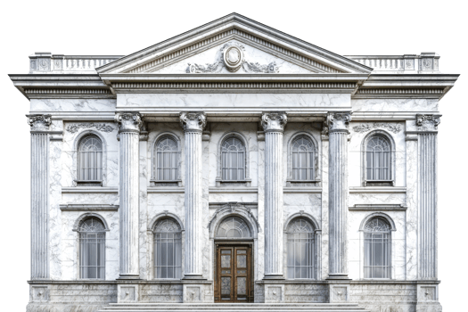 A grand marble building featuring classical columns, large windows, and an ornate entrance door, showcasing architectural elegance. png
