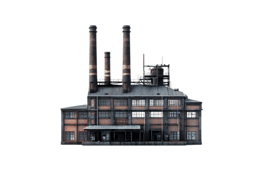 A large industrial building with smokestacks, featuring a mix of windows and a metallic structure, indicative of an older manufacturing plant. png