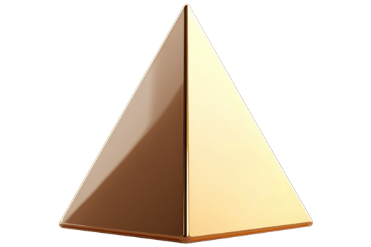 A shiny golden pyramid with smooth surfaces and sharp edges, showcasing a geometric shape. png