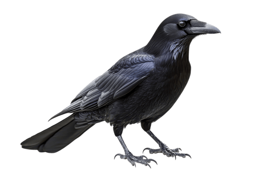 A detailed, black raven with a sleek body and sharp beak, showcasing its distinctive feathers and alert posture. png