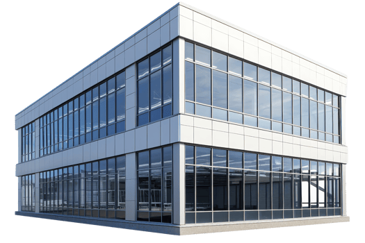 A modern office building featuring large glass windows and sleek architectural lines. png