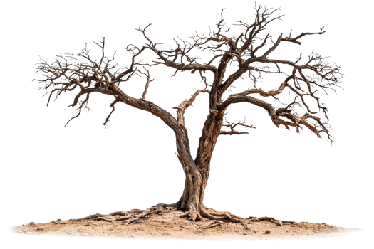 A gnarled tree with twisted branches and exposed roots, showcasing intricate textures and a striking natural form. png