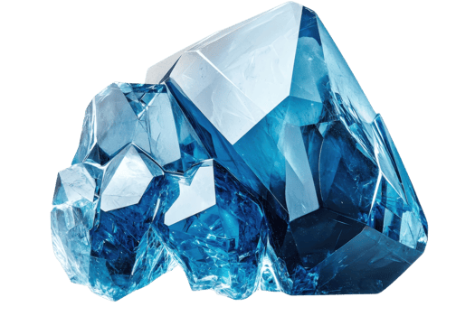 A stunning blue crystal showcasing intricate facets and a captivating transparency, reflecting light beautifully. png