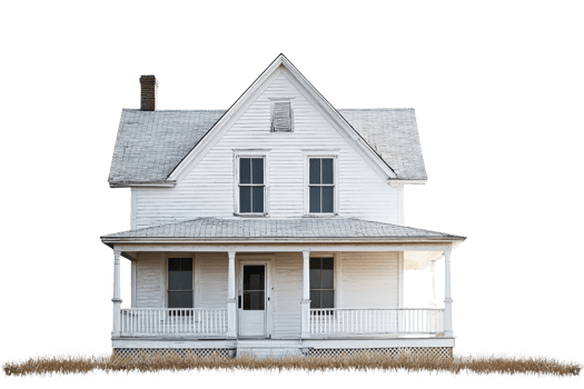 A classic white wooden house with a sloped roof, featuring multiple windows and a front porch. png