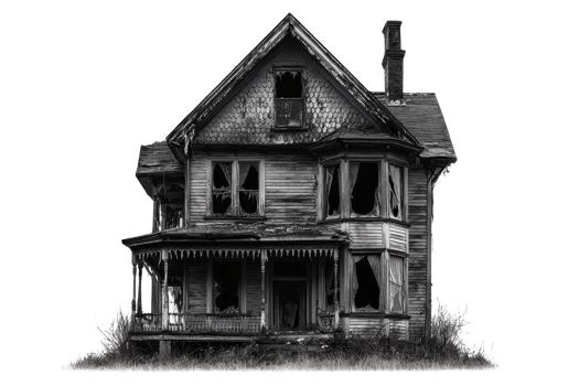 A dilapidated, haunted house with broken windows and overgrown grass, showcasing eerie architectural details and a ghostly presence. png