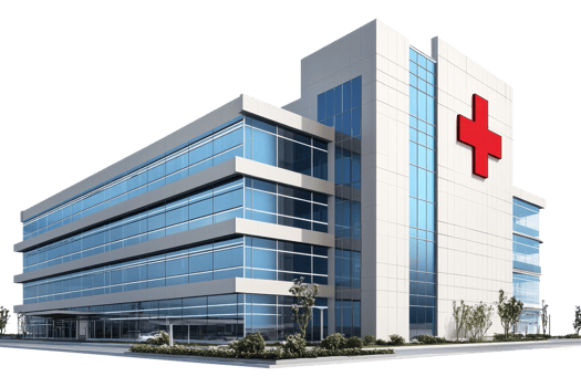 A modern healthcare facility featuring large glass windows and a prominent red cross symbol on its facade. png