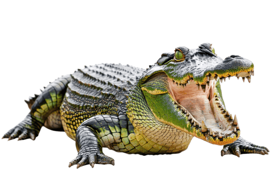 A large, fierce-looking crocodile with its mouth wide open, showcasing sharp teeth and textured skin. png