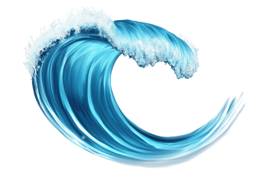 A dynamic, curling wave with vibrant blue hues and foamy white crest, capturing the essence of ocean motion. png
