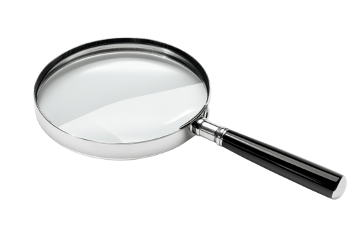 A shiny magnifying glass with a black handle, designed for close inspection and detail observation. png