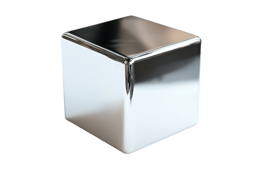 A shiny, metallic cube reflecting light, showcasing its smooth surface and geometric shape. png