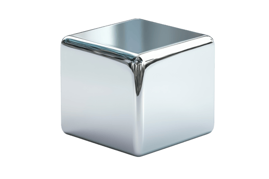 A shiny, metallic cube with smooth edges reflecting light, showcasing its sleek and modern design. png