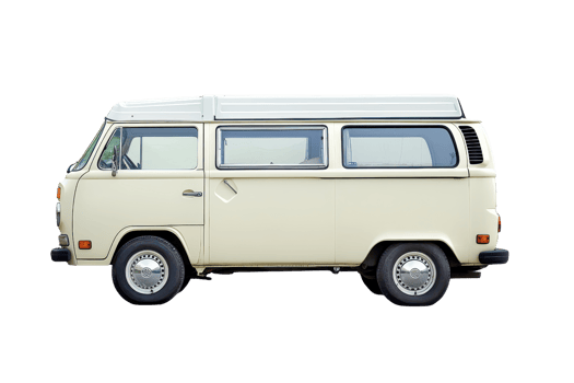 A vintage camper van with a cream-colored exterior and a boxy shape, featuring windows and a pop-top roof for additional space. png