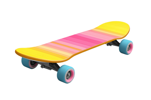 A vibrant skateboard featuring a gradient design in yellow and pink with blue wheels. png