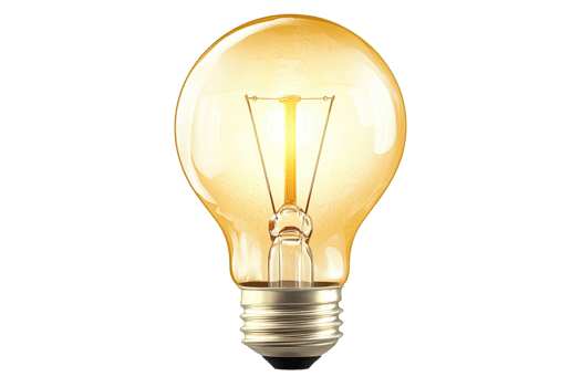 A glowing light bulb illuminates with a warm, golden hue, showcasing its elegant design and filament structure. png