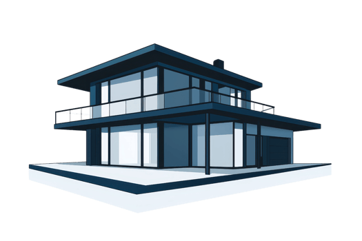 A modern two-story house with large windows and a flat roof, featuring a balcony and a garage. png