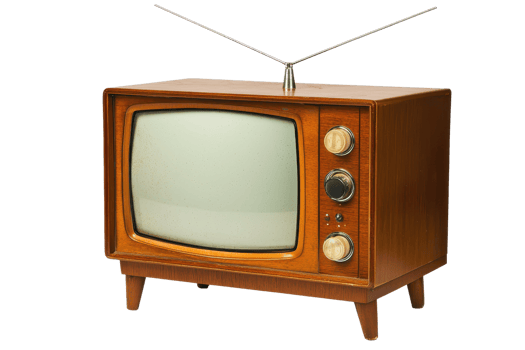 A vintage wooden television set featuring a curved screen and knobs for tuning, complete with rabbit ear antennas. png