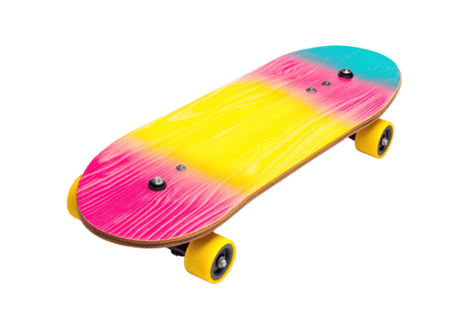 A vibrant skateboard featuring a gradient design of yellow, pink, and teal colors. png