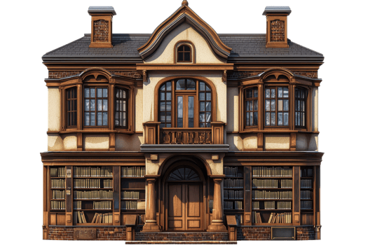 A charming, vintage-style library building featuring large windows, a central entrance, and shelves filled with books. png