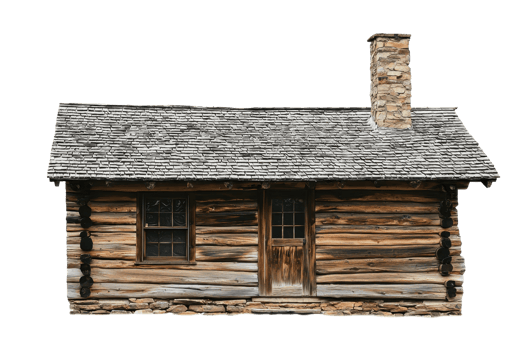 A rustic wooden cabin with a stone chimney, showcasing a traditional design and weathered texture. png