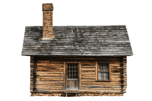 A rustic wooden cabin with a chimney, featuring a door and windows, showcasing classic log construction. png