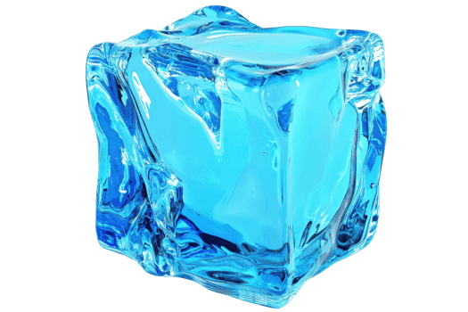 A clear blue ice cube, showcasing its crystalline structure and glossy surface. png