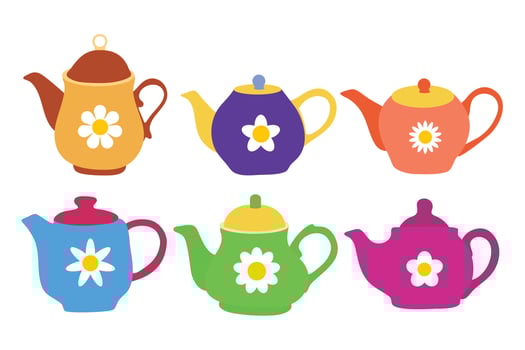 Cute teapots element set. Kitchen tools, ceramics, cartoon teapot, kettle decorative ceramic. Suitable for clip art, stickers, flat design illustration vector